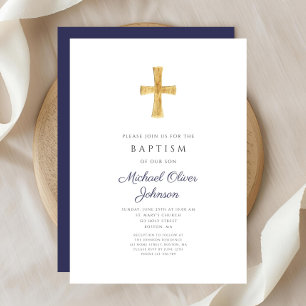 Invitation Baptême religieux garçon croix bleu marine moderne