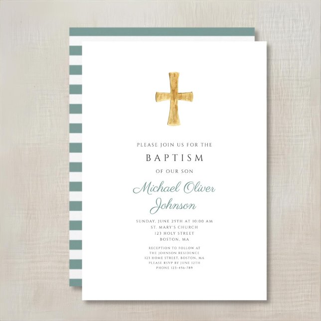 Invitation Baptême religieux garçon croix verte moderne (Modern Green Cross Religious Boy Baptism Invitation)