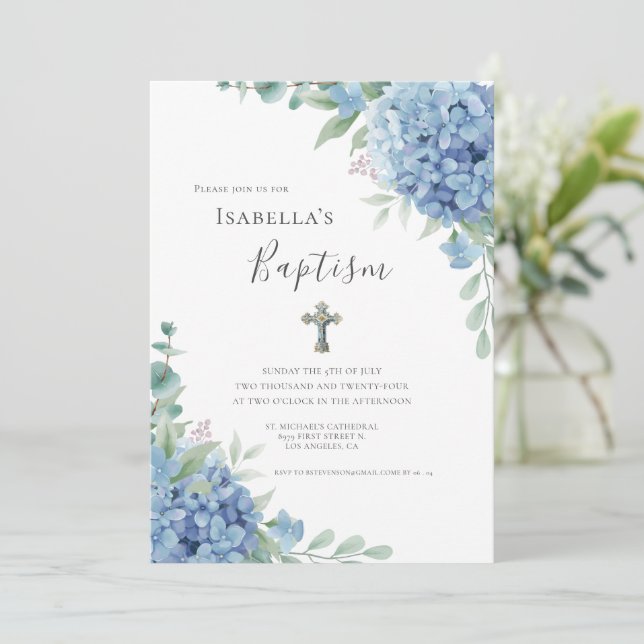Invitation Baptême religieux Hydrangea Bleue  (Debout devant)