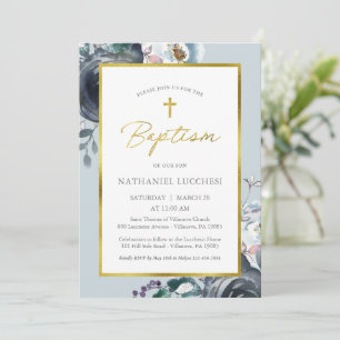 Invitation Baptême romantique bleu floral et script or