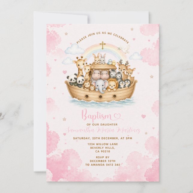 Invitation Baptême Rose Arche de Noé Nuage (Devant)