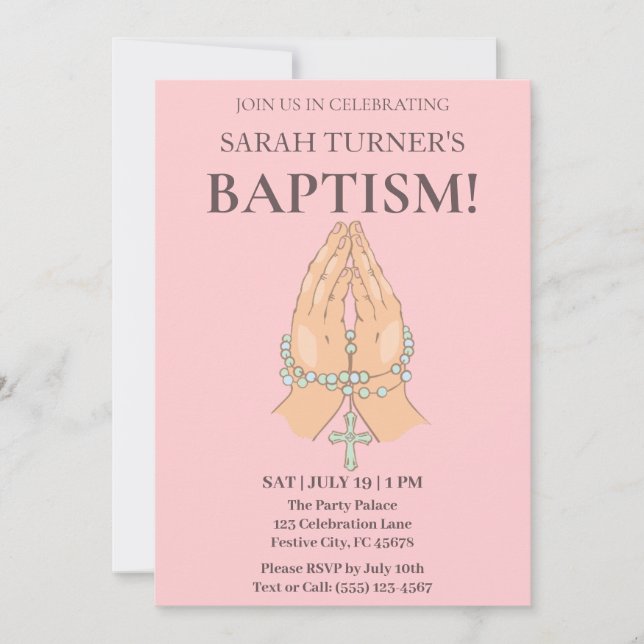 Invitation Baptême rose avec perles de prière (Devant)