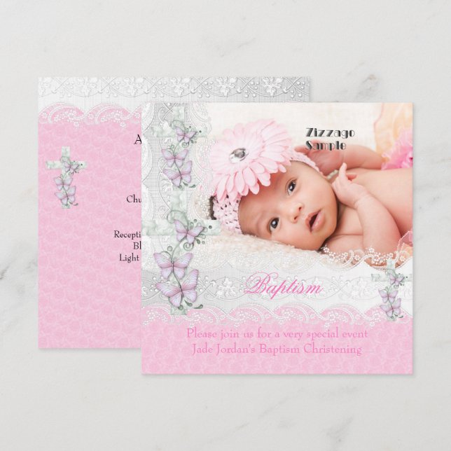 Invitation Baptême Rose Blanc Dentelle Photo Papillon Croix F (Devant / Derrière)