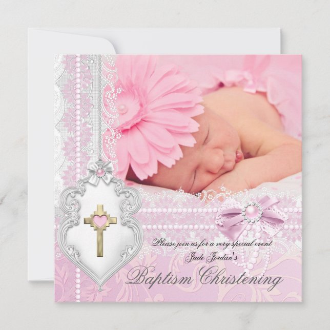 Invitation Baptême Rose Blanc Dentelle Photo Perle Croix Fill (Devant)