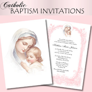 Invitation Baptême rose catholique Christening Mary Jesus