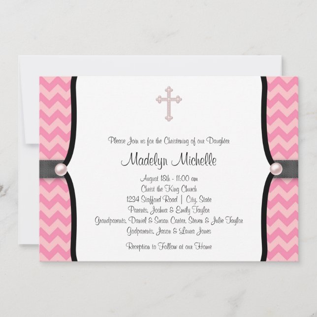 Invitation Baptême Rose Chevron Pearl Christening (Devant)