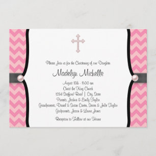 Invitation Baptême Rose Chevron Pearl Christening