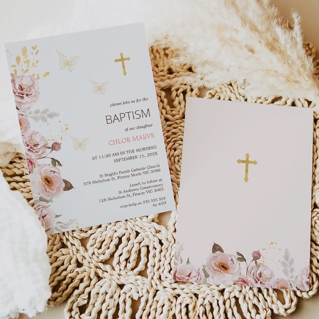 Invitation Baptême rose Chic Floral (Pink chic floral butterflies baptism or christening invitation with gold cross. )
