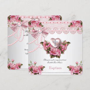 Invitation Baptême Rose Croix Cœur Argent Fille 5