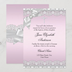 Invitation Baptême rose dentelle de diamant chic