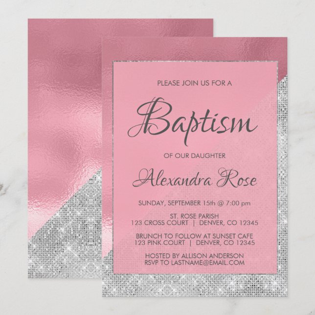 Invitation Baptême rose d'or et d'argent étincelant bébé fill (Devant / Derrière)