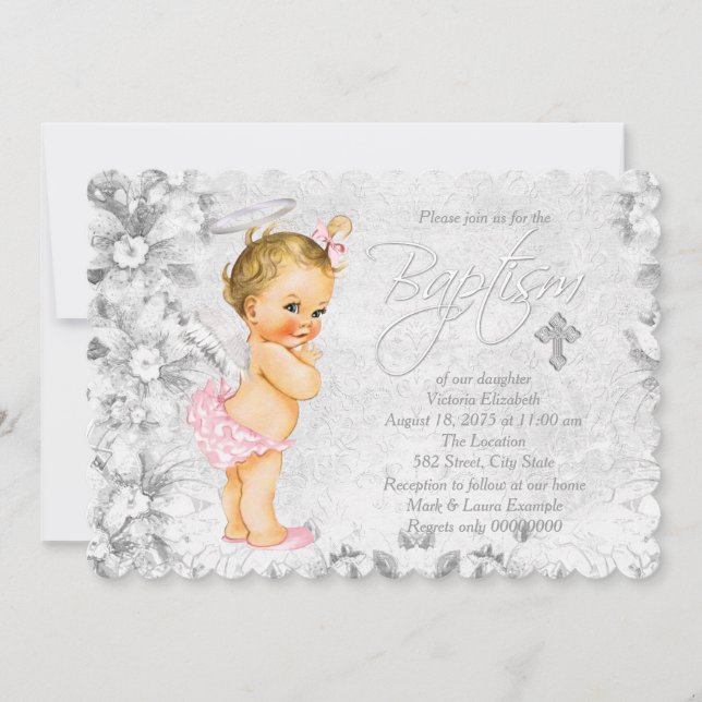 Invitation Baptême Rose et Gris Ange Vintage (Devant)