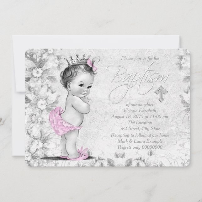 Invitation Baptême Rose et Gris Vintage Adorable (Devant)