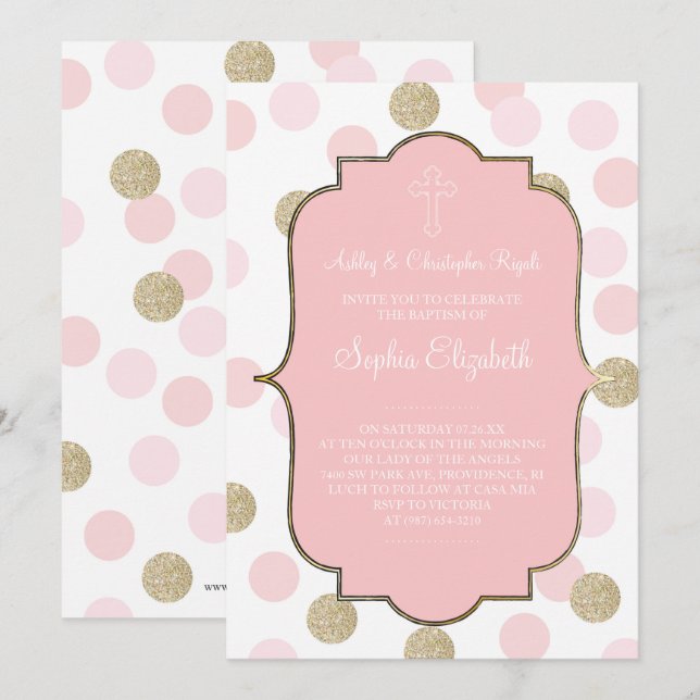 Invitation Baptême rose Faux Parties scintillant or Polka Inv (Devant / Derrière)