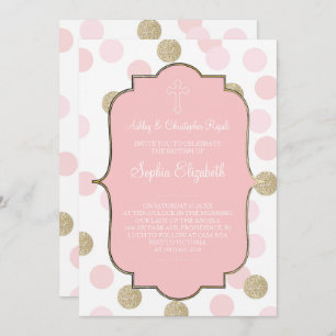 Invitation Baptême rose Faux Parties scintillant or Polka Inv