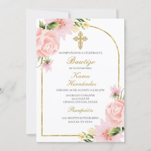 Invitation Baptême rose Fleur Espagnol