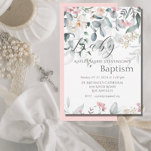 Invitation Baptême rose Floral Baby Girl Baby