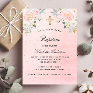 Invitation Baptême rose floral fille élégante luxe
