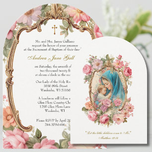Invitation Baptême rose Floral Mère Marie Jésus Or