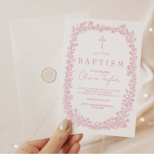 Invitation Baptême Rose Floral Toile Vintage (Créateur téléchargé)
