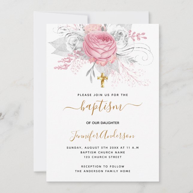 Invitation Baptême rose florales fille élégant blanc (Devant)
