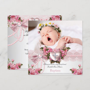 Invitation Baptême Rose Foncé Argent Photo Coeur Croix Fille 
