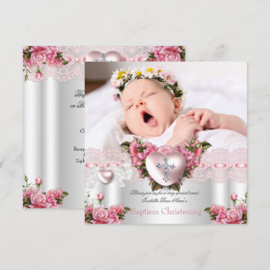 Invitation Baptême Rose Foncé Argent Photo Cœur Croix Fille R
