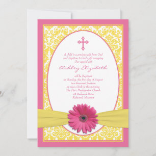 Invitation Baptême rose Gerbera Jaune