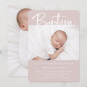 Invitation Baptême  Rose minimaliste simple avec deux photos