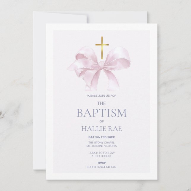 Invitation Baptême rose moderne Bow (Devant)
