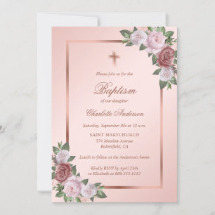 Invitation Baptême rose Or Blush rose Floral Girl