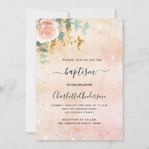 Invitation Baptême rose or floral eucalyptus argent éclat