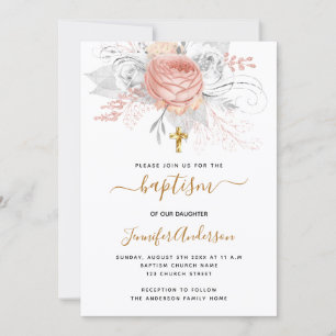 Invitation Baptême rose or florales fille élégant blanc