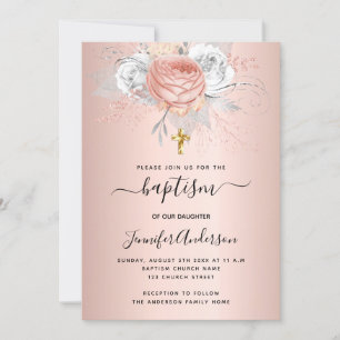 Invitation Baptême rose or florales fille métal élégant