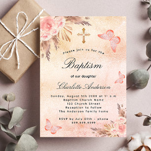 Invitation Baptême rose or rose papillon pampas luxe