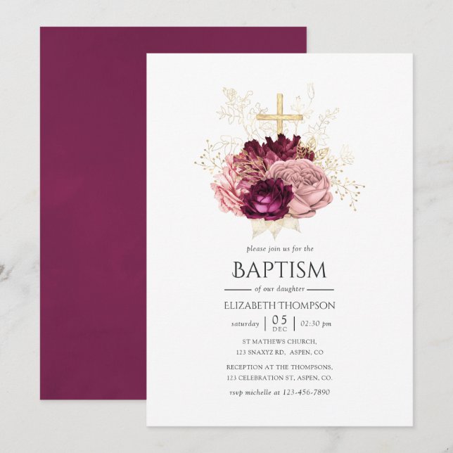 Invitation Baptême Rose Pâle et Or de Bourgogne Marsala (Devant / Derrière)
