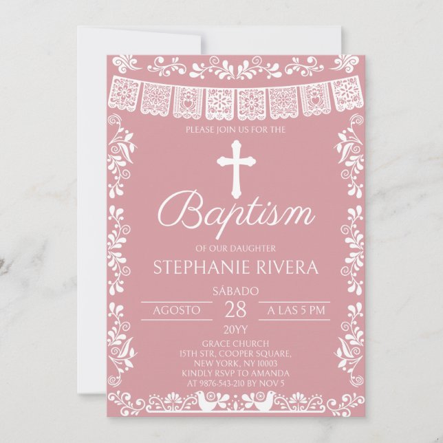 Invitation Baptême Rose Pâle Papel Picado (Devant)