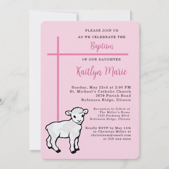 Invitation Baptême rose pour fille croix petit agneau (Devant)