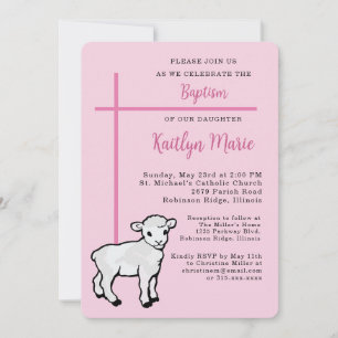 Invitation Baptême rose pour fille croix petit agneau