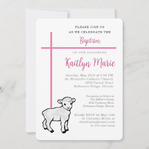 Invitation Baptême rose pour fille Cross Little Lamb
