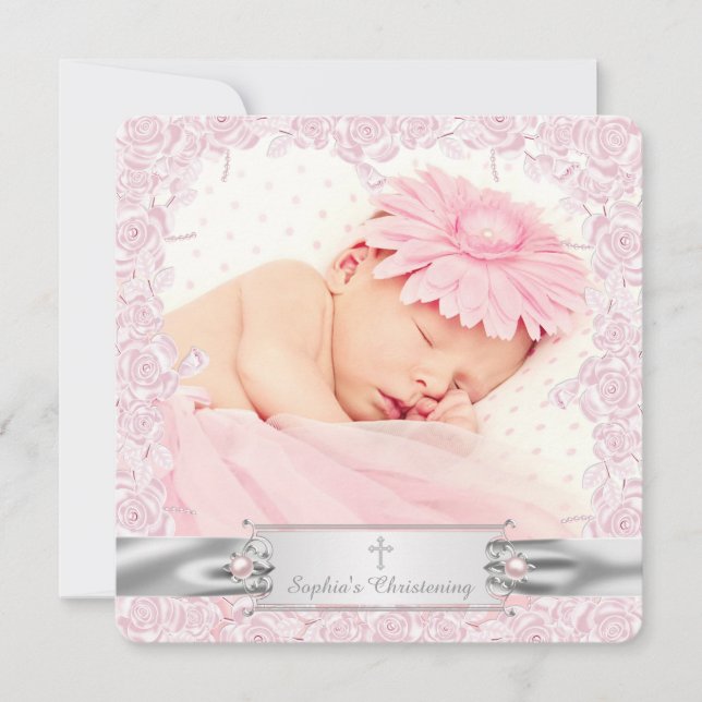 Invitation Baptême Rose Rose Assez Jolie (Devant)