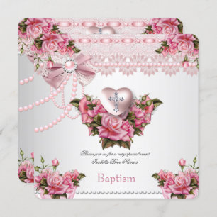 Invitation Baptême rose Silver Coeur Croix Fille Rose 5