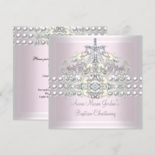 Invitation Baptême rose Tiara argent blanc Pearl Diamond