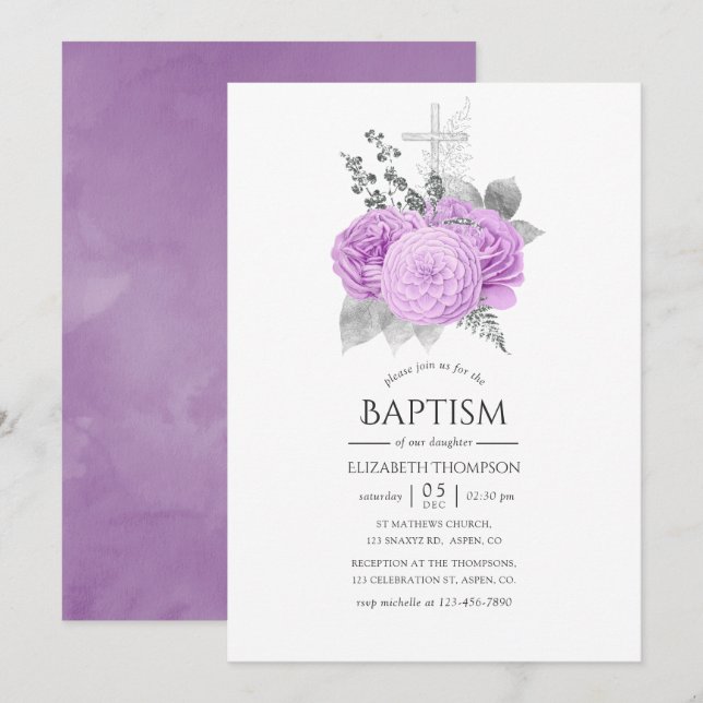 Invitation Baptême Rose Vintage Violet Pastel et Argent (Devant / Derrière)