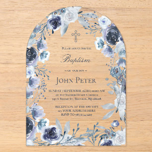 Invitation baptême roses bleues acrylique