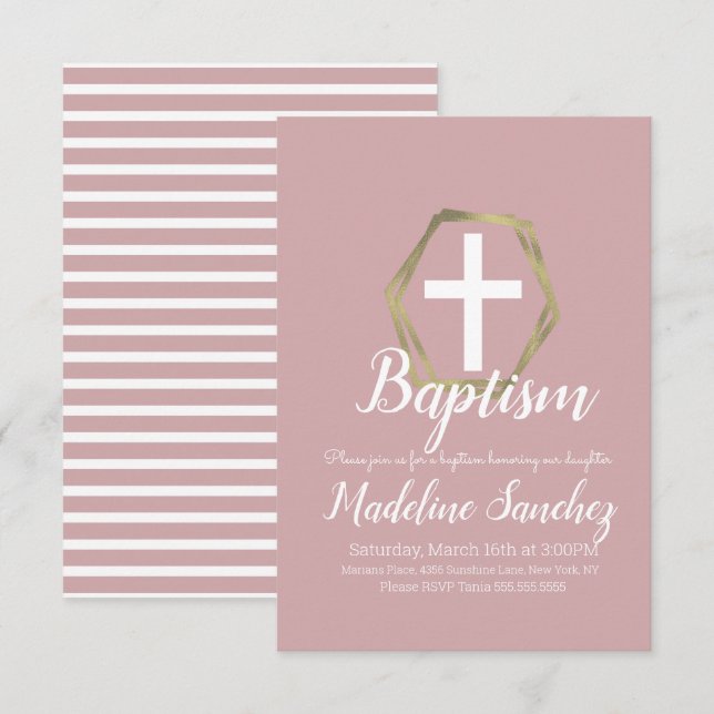 Invitation Baptême Rouge Goutte Rose Or Dédicace Christening (Devant / Derrière)