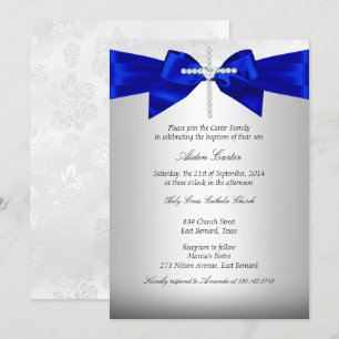 Invitation Baptême Royal Bleu Blanc Croix Argent