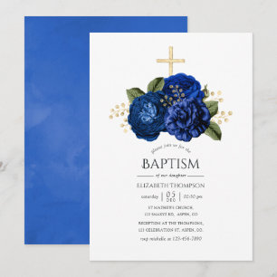 Invitation Baptême Royal Bleu et Gold Floral