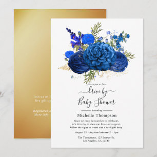 Invitation Baptême Royal Bleu et Or à Faux Feuille Dorée