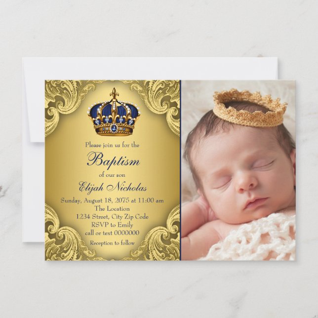 Invitation Baptême Royal Blue Gold Prince Crown (Devant)